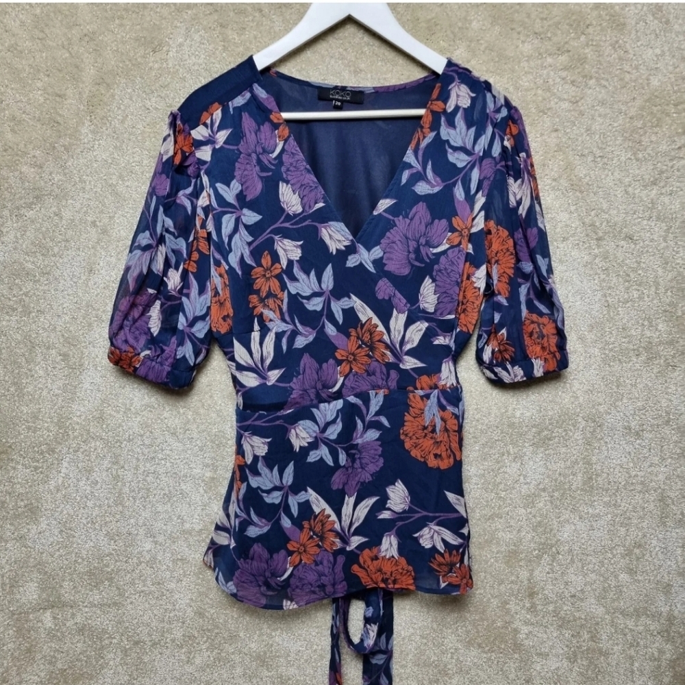 Koko Lovedrobe Chiffon Wrap Top Womens Size 20 Blue Purple Floral V Neck Lined - Picture 1 of 7